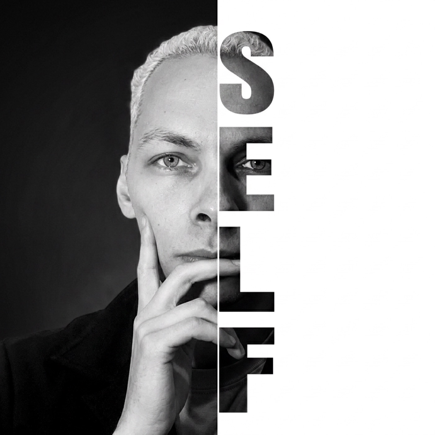 Black and white split portrait of Kaelum, the word SELF running down the divide